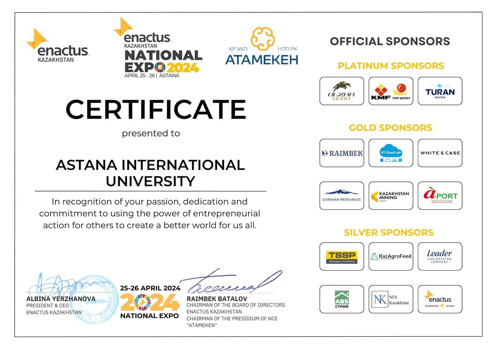 AIU STUDENT TEAM  IN THE NATIONAL PROJECT “ENACTUS KAZAKHSTAN EXPO 2024” — 2